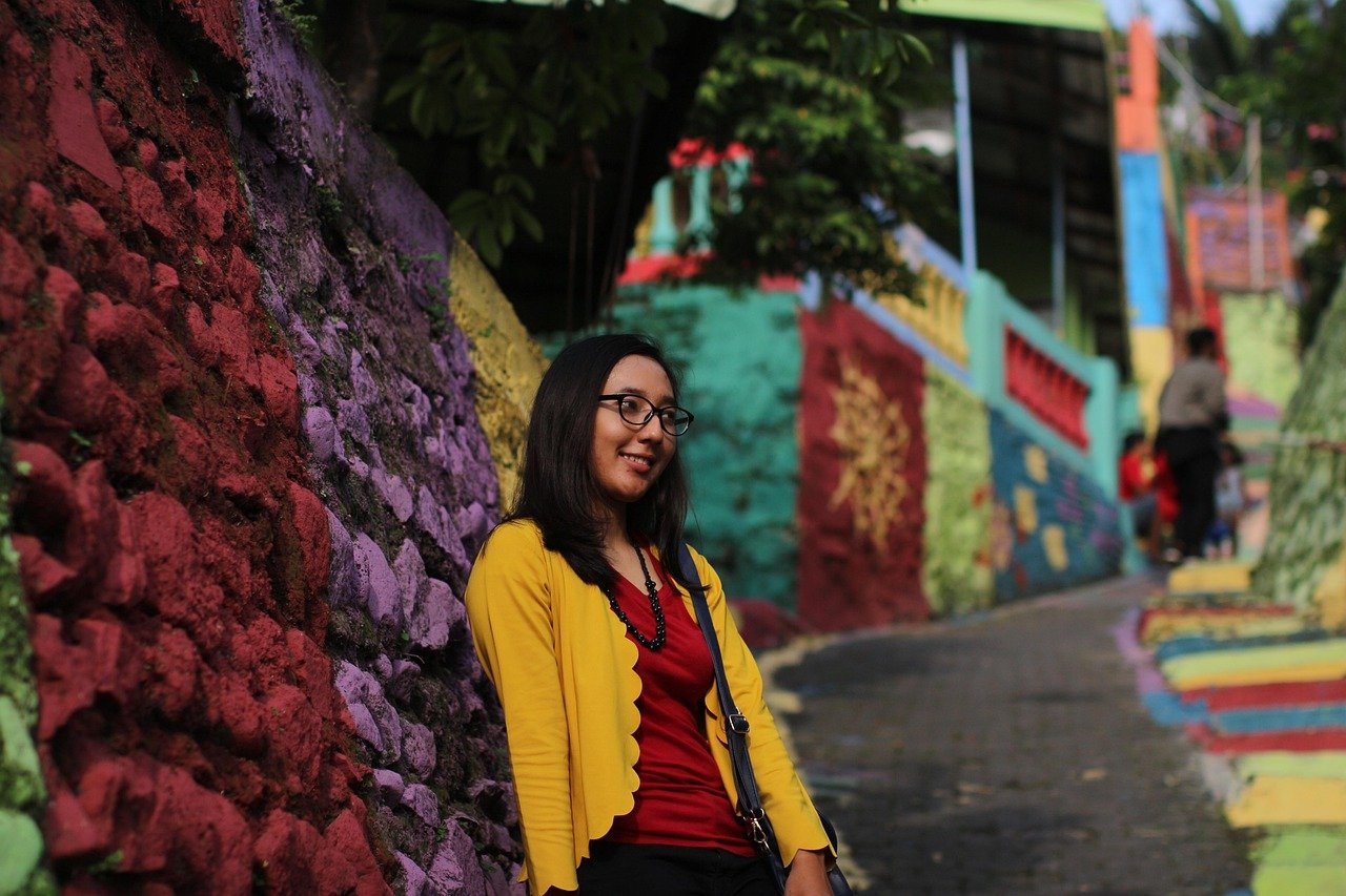 girl, glasses, smiling, brick road, indonesia, rainbow village, semarang, asia, village, wall, semarang, semarang, semarang, semarang, semarang