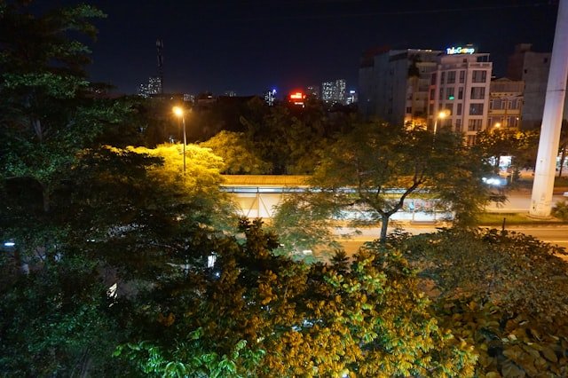 A view of a city at night from a distance