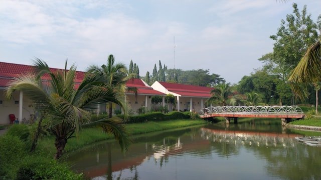 A bridge over a body of water next to a lush green park