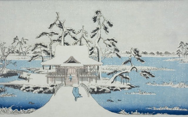 a painting of a person walking across a bridge