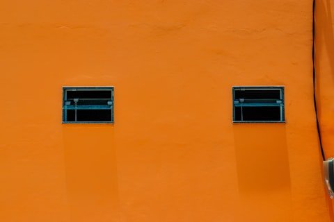 two windows on an orange wall with a parking meter